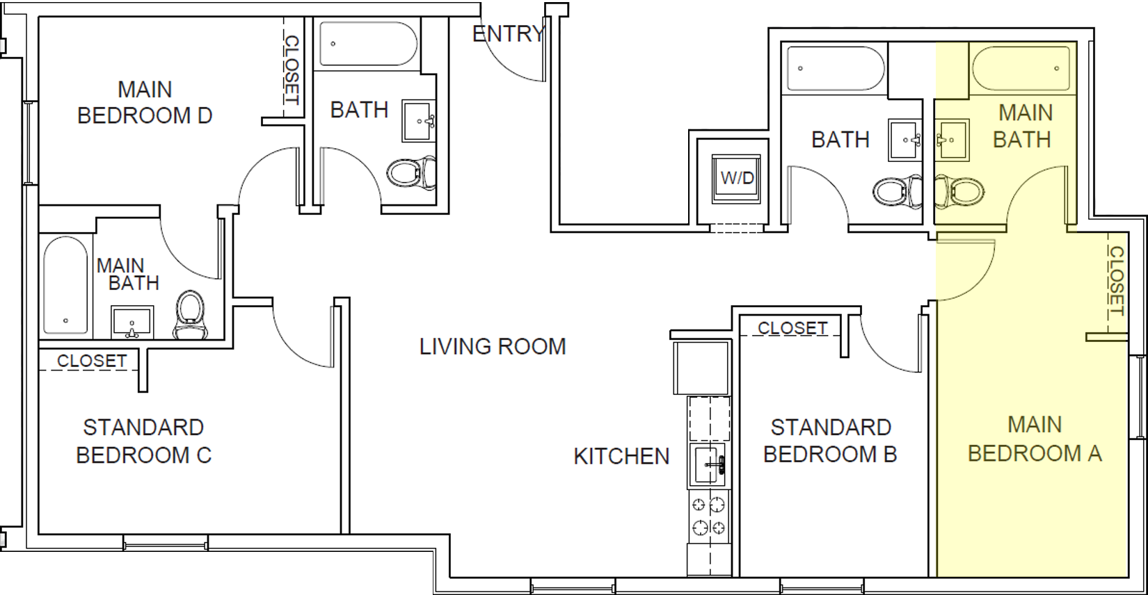 Floor plan for 4 beds, 4 baths, 290 sqft